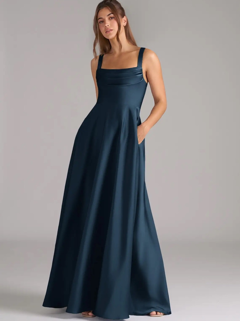 Azazie Shaude Stretch
Dark Navy A-Line Pleated Stretch Satin Dress 6